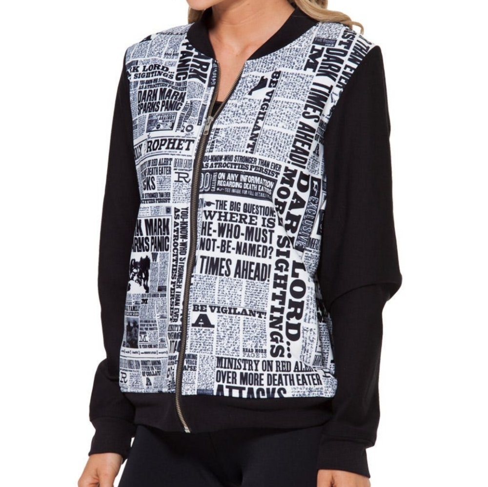 Blackmilk Harry Potter Daily Prophet Newspaper Print Bomber Jacket Large